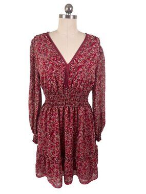 Max Studio Boho-Romantic Ditsy Floral Cinched Smocked Waist Dress Large Red